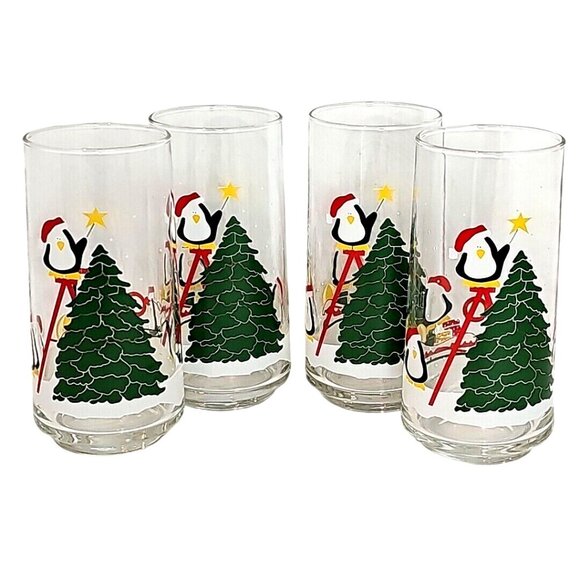 None Other - Christmas Tree & Penguins Glass Tumbler 6" holiday Santa hat 14oz set of 4